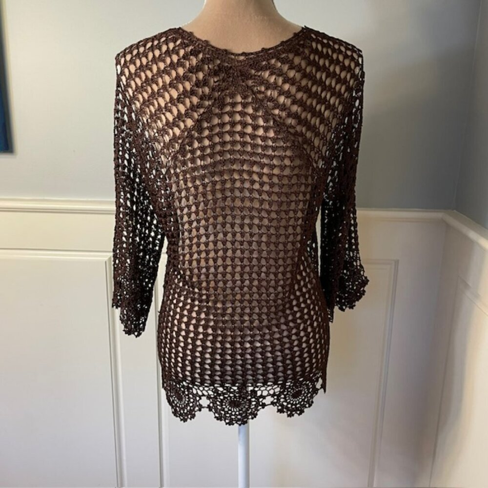 Vintage Y2k Fairy Cottagecore Crochet Knit Brown Sweater Cardigan OS - Picture 10 of 11